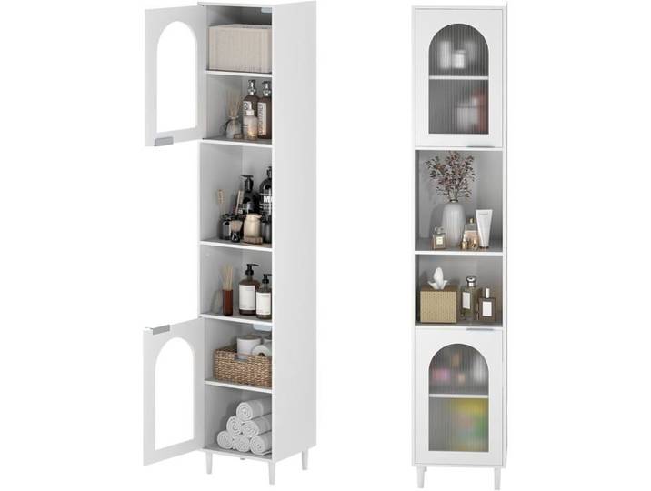 GOPLUS Meuble Salle de Bain Haut avec 2 Placards à Porte Verre Strié Colonne Salle de Bain à Étagères Réglables 35x30x180 CM