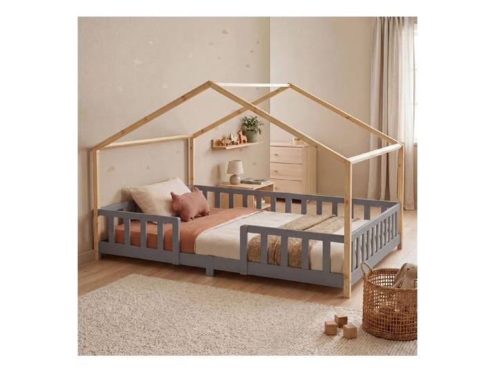 en.casa Kinderbett, »Treviolo« Haus-Optik Montessori 140x200 cm Hellgrau/Natur