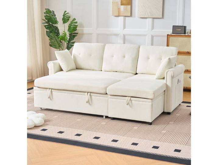 COVREO Canapé d'angle convertible 3 places réversible en chenille beige avec coffre