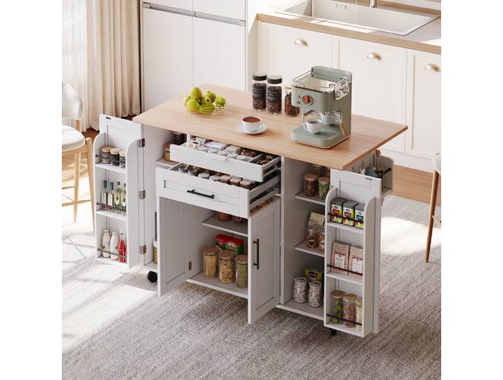 Îlot de cuisine mobile, chariot de cuisine, plan de travail extensible jusqu'à 70 cm, tiroir à couverts dissimulé, étagère à épices et porte-serviettes