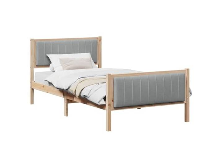 KTHLBRH Bettgestell 100 x 200 cm braun hellgrau Massives Kiefernholz, Kopfteil aus Polyester, ohne Lattenrost, modernes Design