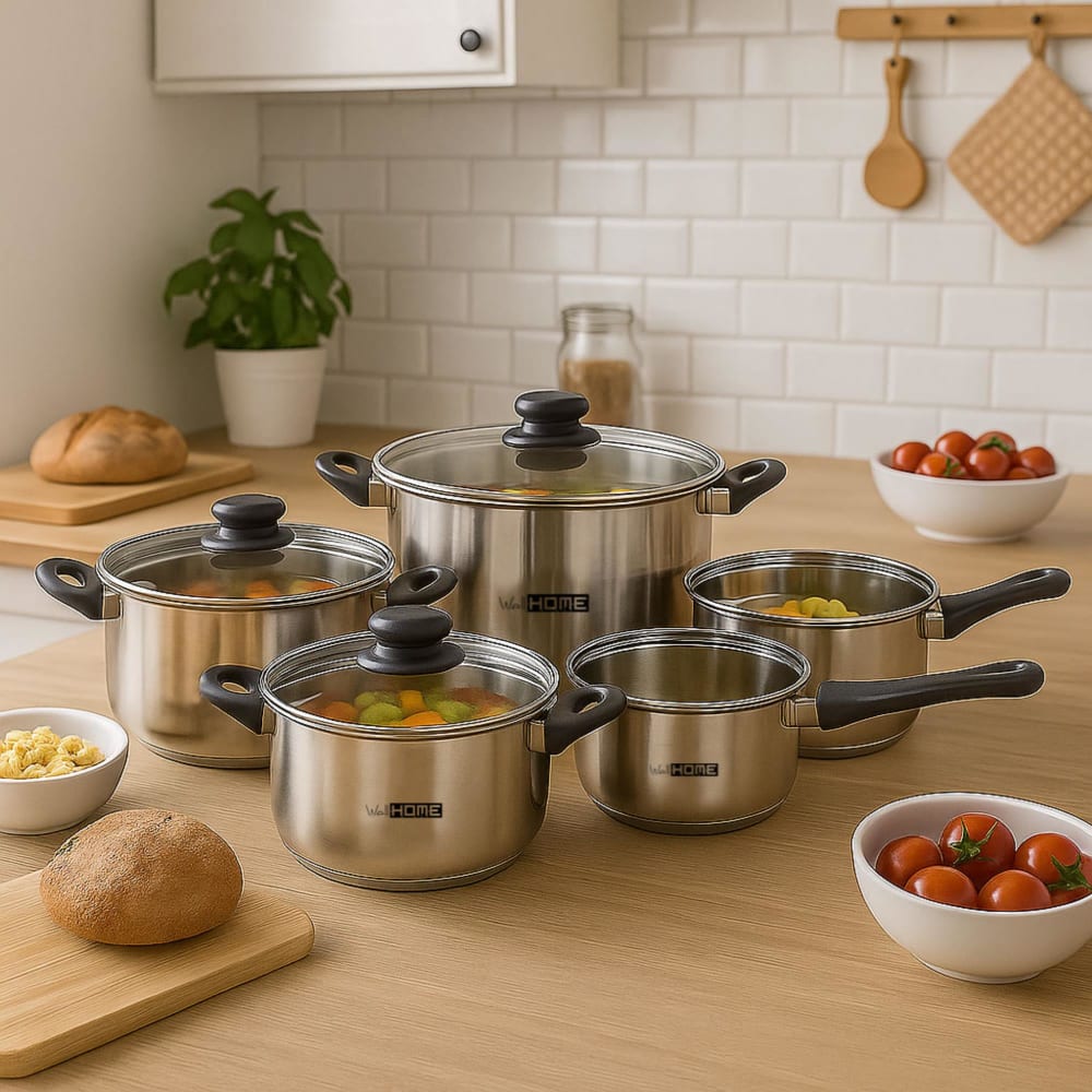 WellHome Batería de cocina de acero inox con sartenes negro ø16,20,24cm