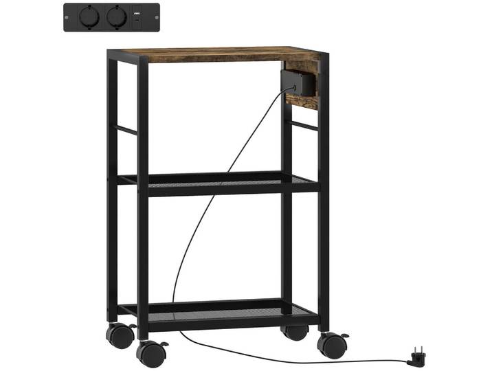 Homcom Druckerständer Druckeregal mit Rollen, Steckdosen, Usb- und USB-C-Anschlüsse, Rostfarben, Metall, Nachbildung, 2 Fächer, eckig, 28x64.5x42 cm, Büromöbel, Container