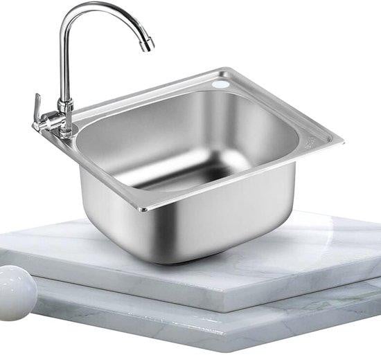 Unyqoos RVS spoelbak met één kom, geborsteld, voorzien van omkeerbaar afdruiprek, 360° draaibare kraan en accessoires