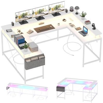 Cathe U Shaped Desk, 126 Inch Gaming Desk with Monitor Stand and LED Lights