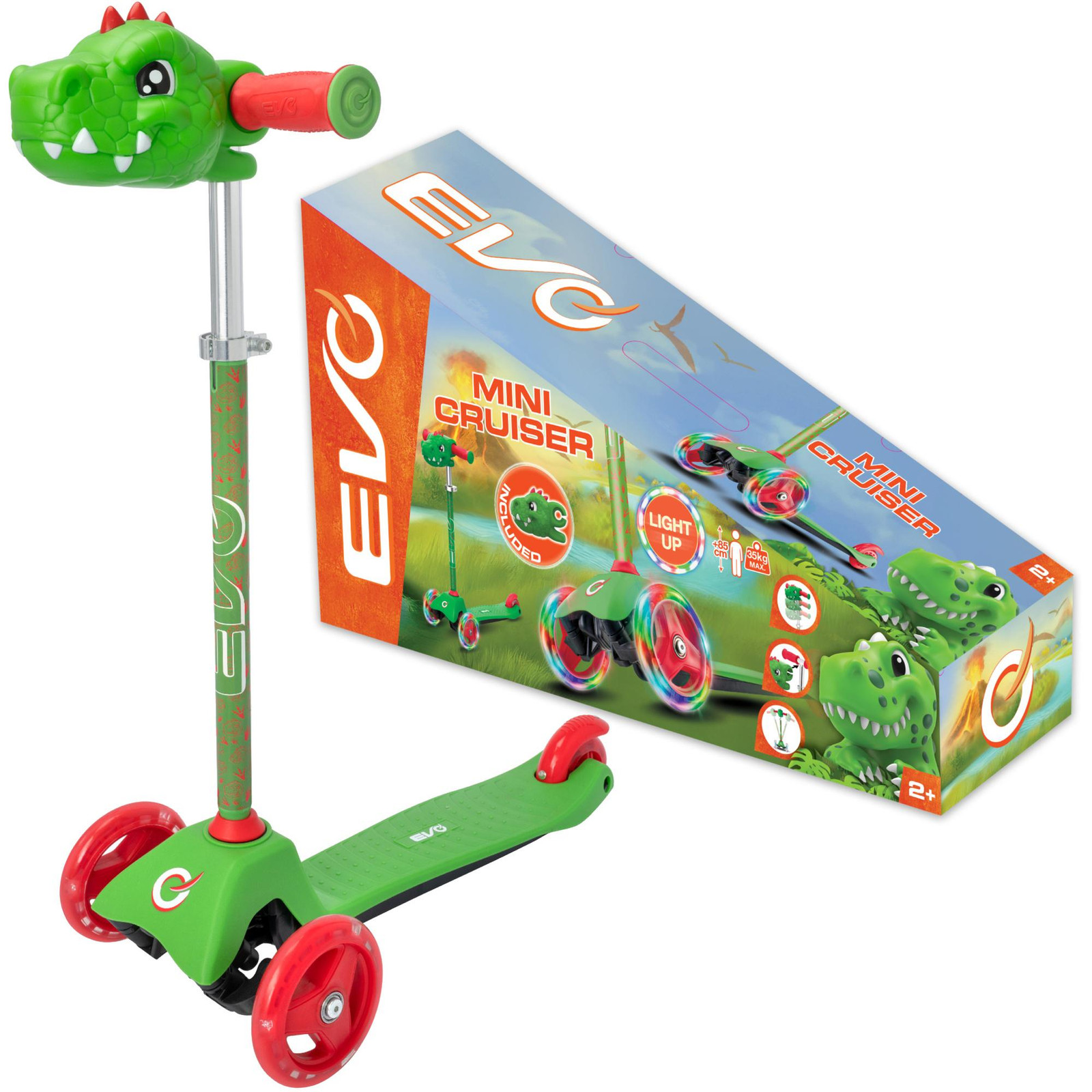 EVO Verstelbare driewieler-scooter voor kinderen met dinosaurusdesign en lichtgevende wielen