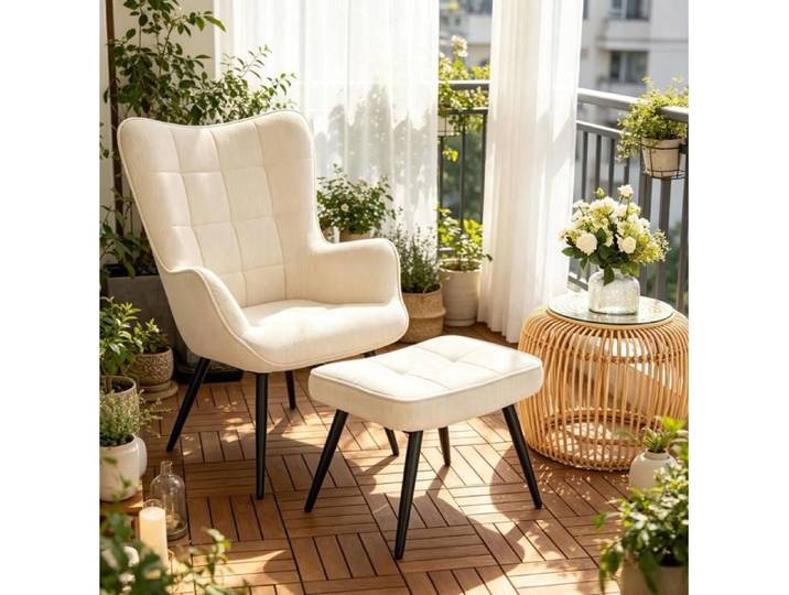 WOVREO Fauteuil de relaxation avec repose-pieds velours côtelé blanc crème pieds métal noirs