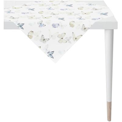Tischdecke APELT "7003", weiß (weiß, natur, zartes blau), B:100cm L:100cm, Obermaterial: 75% Baumwolle, 25% Polyester, Tischdecken, Tischdecke, Schmetterlings-All-over