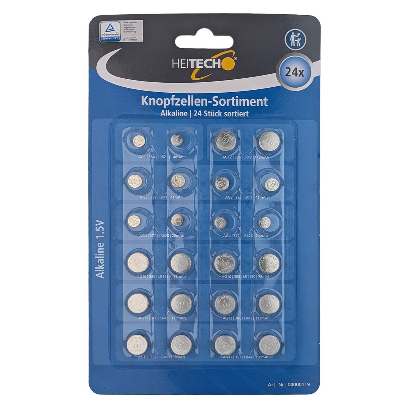Heitech Alkaline Knopfzellen-Sortiment 24Stück 4000119 (24 Stk., A10, AG1, AG12, AG4, AG8, LR41, LR43, LR44, LR621, 14 mAh) (4000119)