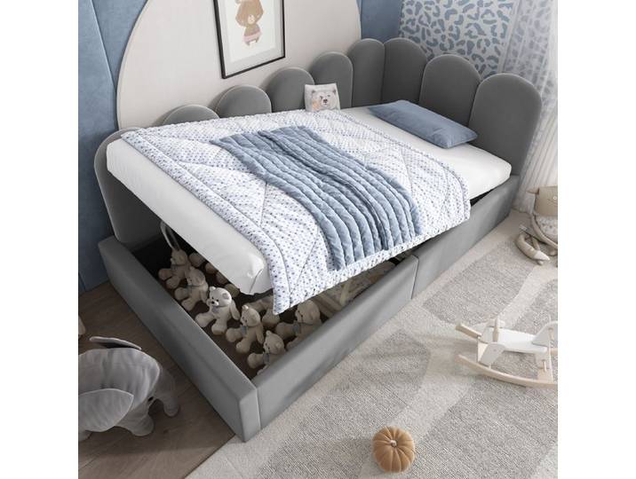 Lit Coffre enfant 90x190 cm - Lit Simple avec Coffre Spacieux Structure Solide en Bois et Métal Sans Matelas - Gris