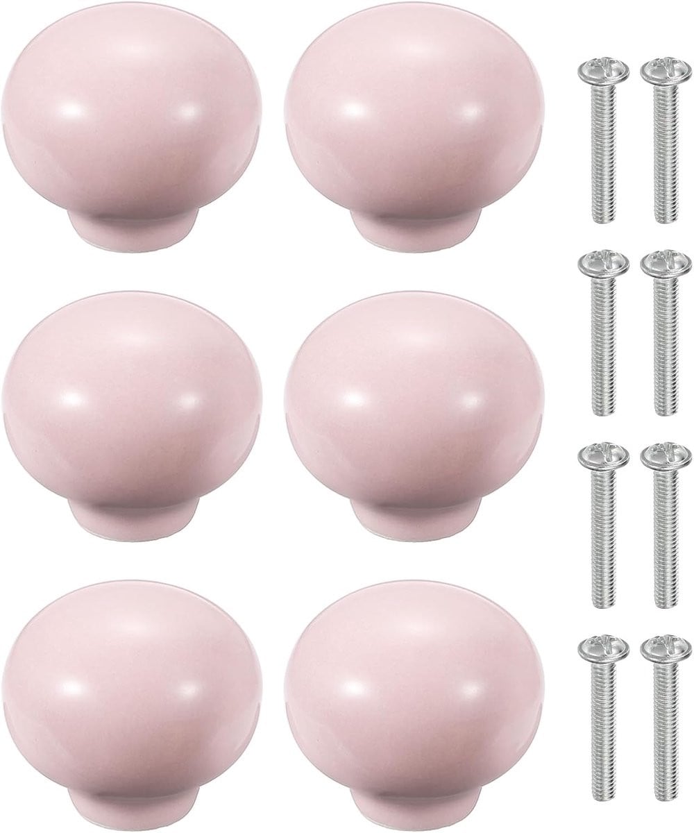 SnelShoppen Set van 6 Keramische Ladeknoppen, Rond, Lichtroze, inclusief bevestigingsschroeven