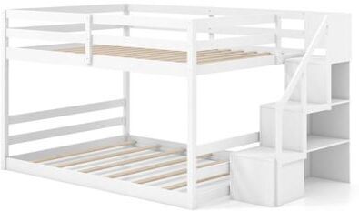 Costway Solid Wood Full Over Full Low Bunk Bed with Storage Stairs-White