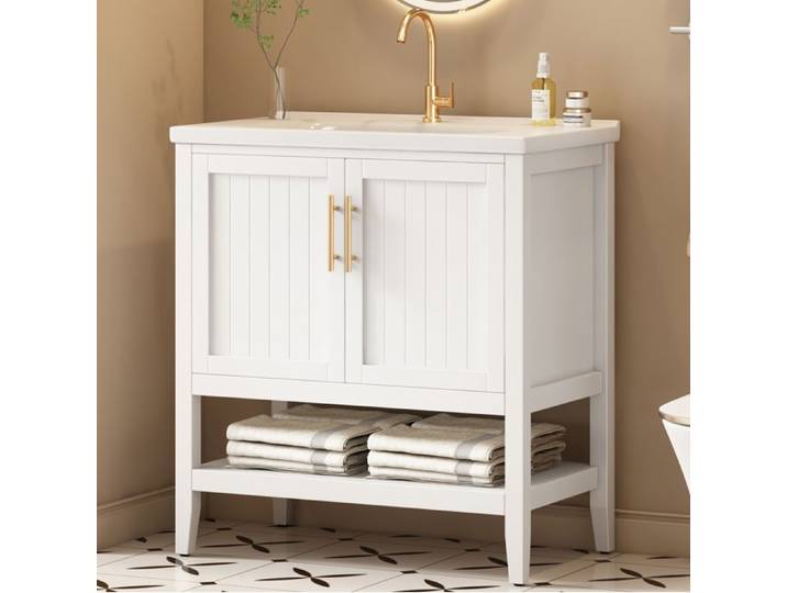 Meuble sous vasque - Blanc - Vasque céramique - 80 cm - Sur pied