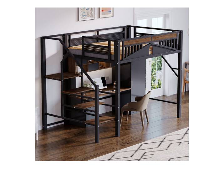 HAUSS SPOLE Hochbett 140x200cm mit Sicherheitsleiter, Gehäuseform mit Fensterdesign Schwarz (mit Fensterdesign, Sicherheitsleiter und Stauraum – Platzsparendes Bett, 140x200 cm) ohne Matratze