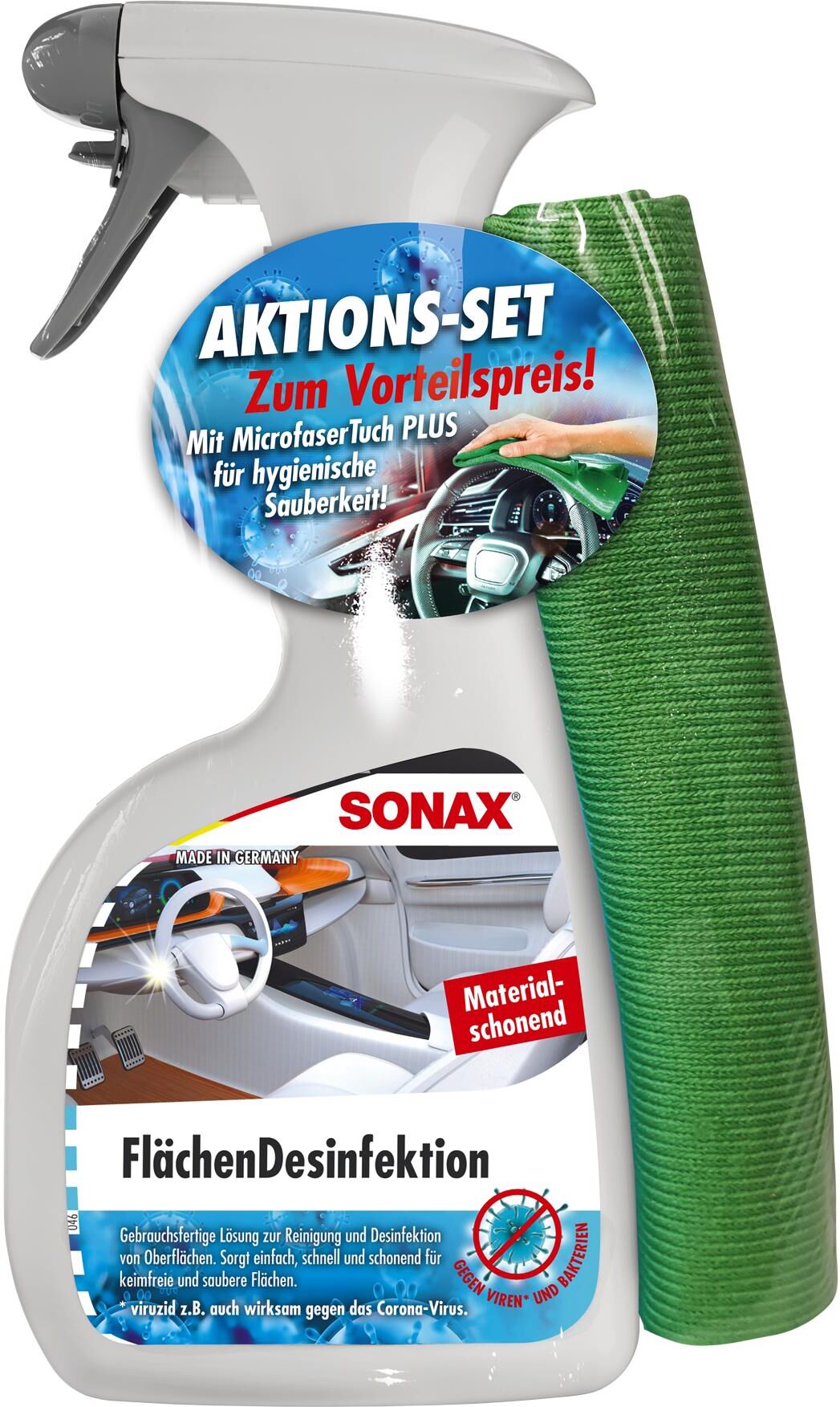 Sonax Desinfektionsmittel Aktionsset Flächendesinfektion (500 Ml) + 1 Microfasertuch 04038410 0.5l