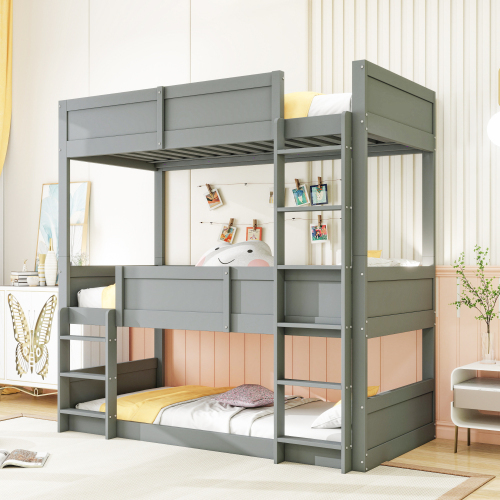 MODFU Etagenbett Kinderbett 90x200cm(Drei Einzelbetten,Unterschicht ohne Lattenrost), Hochbett mit Rausfallschutz, Massivholzbett Stockbett Jugendbett Bettgestell, Grau