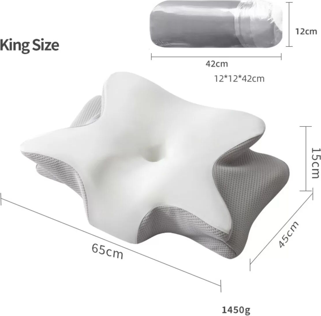 INF Großes Doppelflügel-Schmetterlingskissen 65x45x15cm - Memory Foam Nackenstütze für tiefen Schlaf Weiß