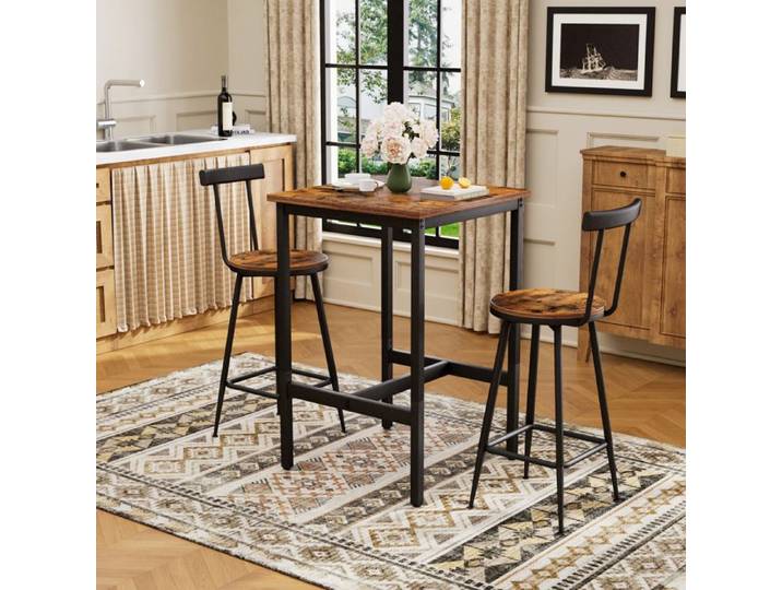 Ensemble Table de Bar et 2 Tabourets Industriel - Surface Marron Rustique et Cadre Métal avec Repose-pieds - 60x60x90cm