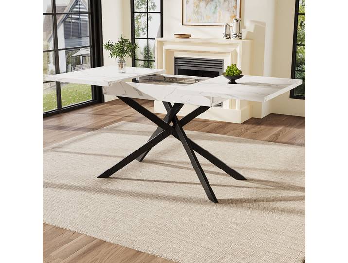 Table à manger télescopique (120-160 cm), table à manger extractible, gain de place, pieds en fer croisé noir, table à manger en marbre blanc