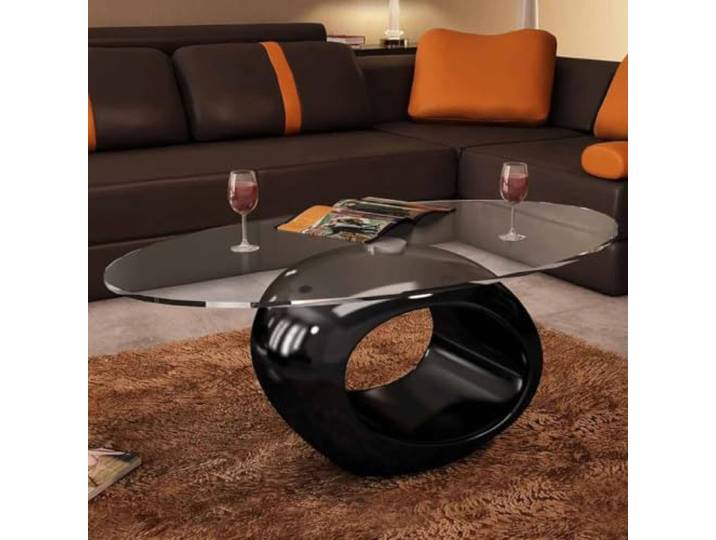 Ovaler Couchtisch mit Glasplatte, Hochglanz Schwarz, Modernes Design Gehärtetes Sicherheitsglas, organische Hochglanzbasis, vielseitig als Nachttisch nutzbar, moderner Stil