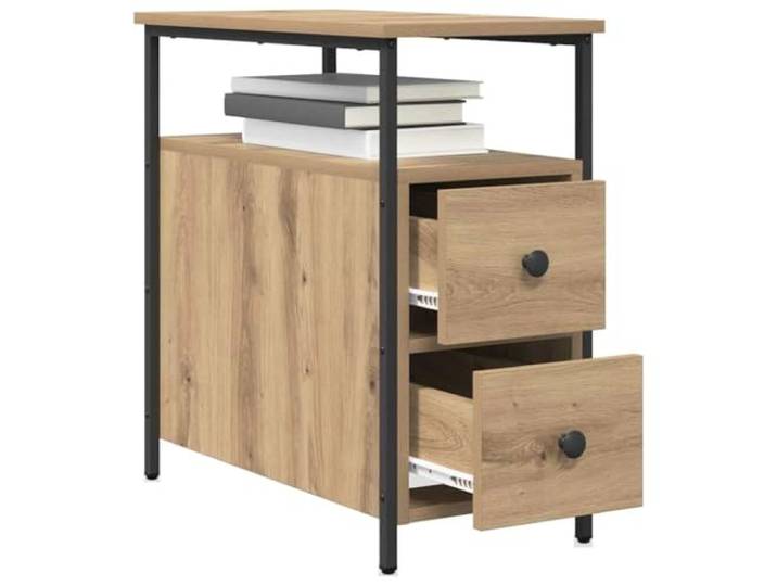 KTHLBRH Nachttisch Eiche Handwerk 30 x 60 x 60 cm Mehrschichtholz, 2 Schubladen, 1 Einlegeboden, Metallrahmen, modernes Design