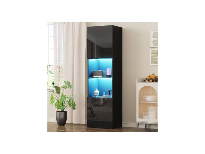 Vitrine - MUVOE - Noir Brillant - 1 étagère en verre - Éclairage LED - 160 cm