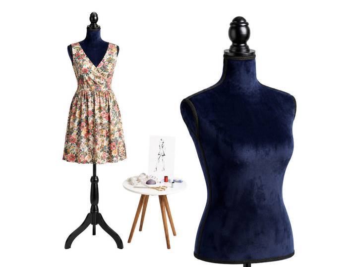 Relaxdays Schneiderpuppe Dunkelblau Samt Größe 36 bis 38 höhenverstellbar, Textil, Kunststoff, Holz, 41x167x34 cm, Dekoration, Dekofiguren & Skulpturen, Dekoobjekte