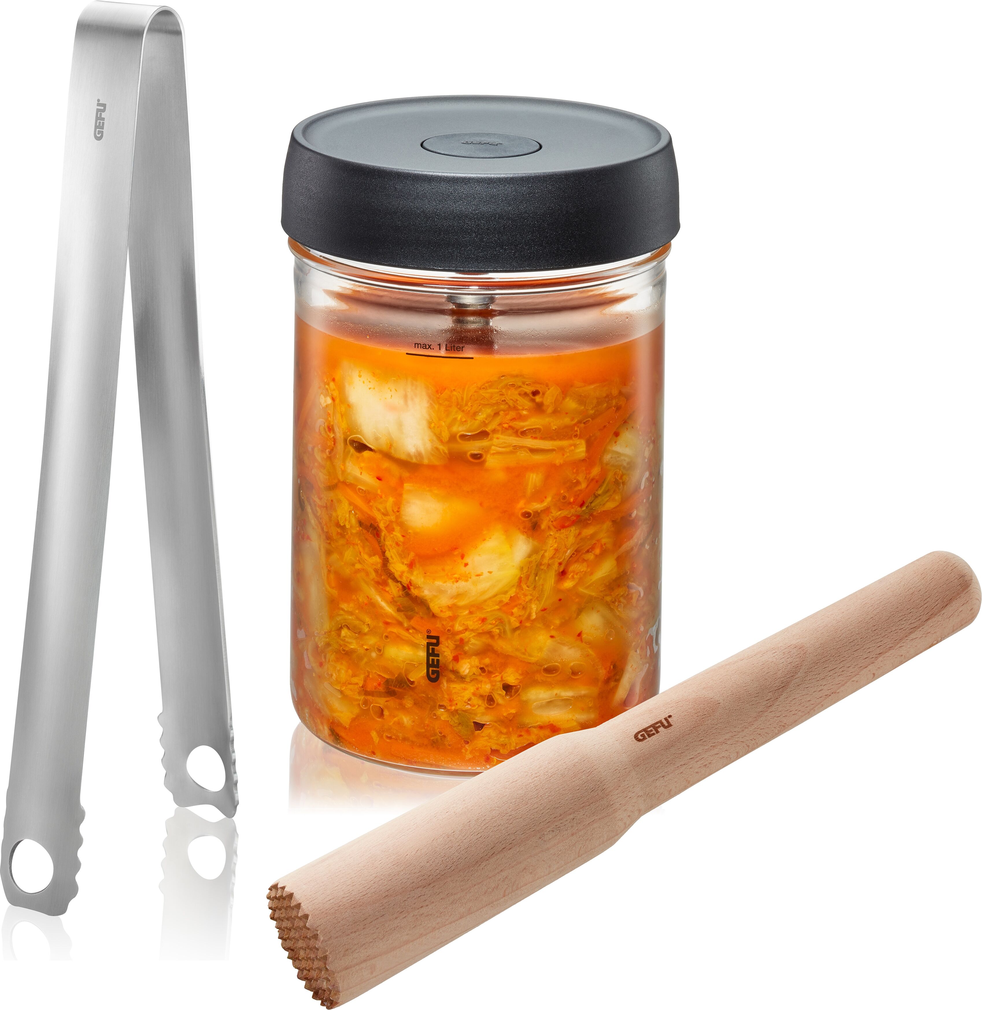 Fermentationsglas GEFU "NATIVO", schwarz (schwarz, transparent, silberfarben), H:17,5cm Ø:12cm, Borosilikatglas, Edelstahl, Holzwerkstoff, Kunststoff, Silikon, Lebensmittelaufbewahrungsbehälter, Fermentationsglas, 1L Fermentationsglas mit Deckel, Beschwer