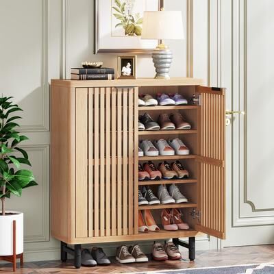 OEM Wooden Shoe Cabinet with Shutter Doors, Adjustable Shelves Large Hidden Storage Organizer Rack for Entryway Hallway