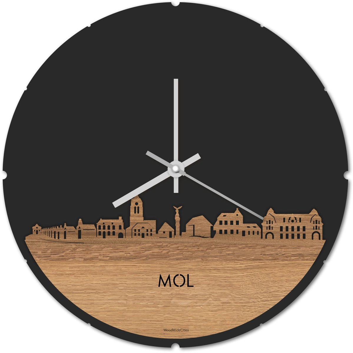 WoodWideCities Skyline Klok Rond Mol Eikenhout - Ø 44 cm - Wanddecoratie met stil uurwerk