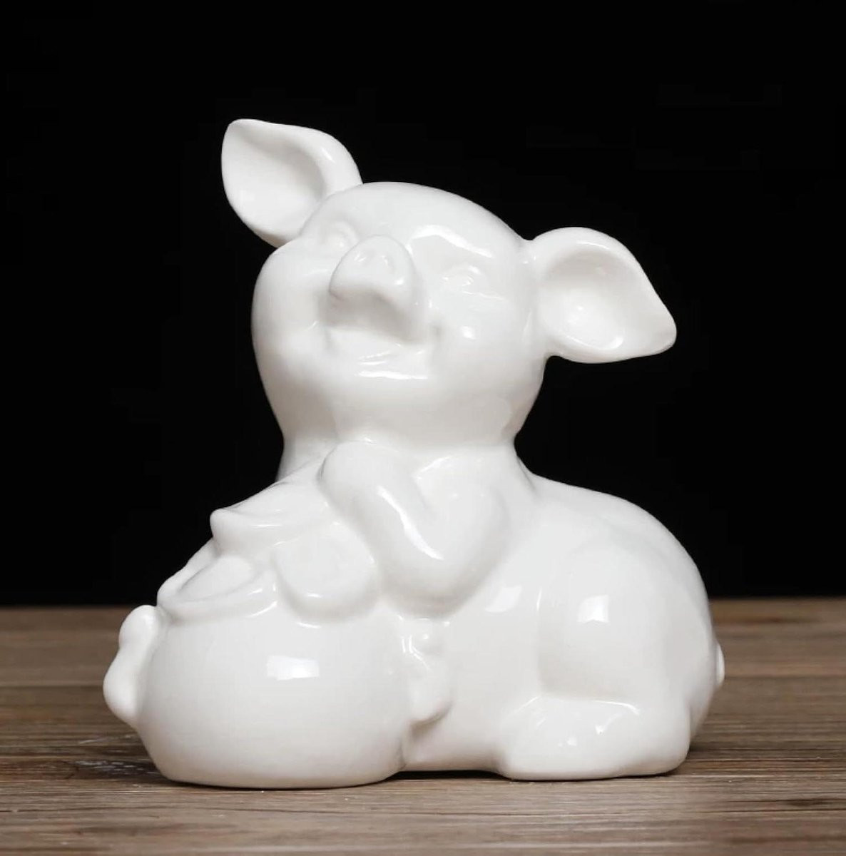 Wit Keramisch Varken Beeldje - Handgemaakt Dieren Decoratie - Hoogte: 11 cm
