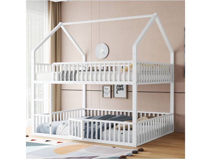 Lit Superposé Familles 140x200 en Métal Blanc avec Escalier et Accès Sécurisé pour Enfants