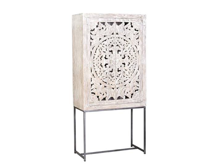 Handgefertigter, massiver Vitrinenschrank „Mykonos“ Mangoholz Antikweiss, Schwarz Giner & Colomer