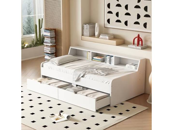 90*200 cm Tagesbett, einzeln, mit zwei Schubladen, mit Staufach, weiß
