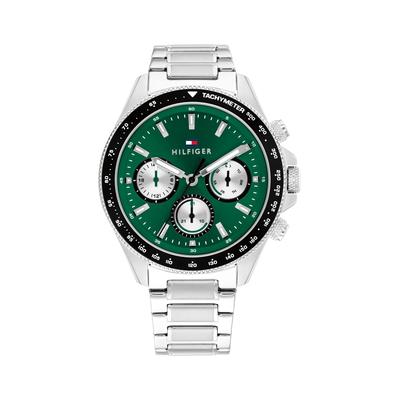 Multifunktionsuhr TOMMY HILFIGER "CLARK", grün (edelstahlfarben, grün, grün), Armbanduhren, Herren, edelstahlfarben, Quarzuhr, Armbanduhr, Herrenuhr, Edelstahlarmband, analog