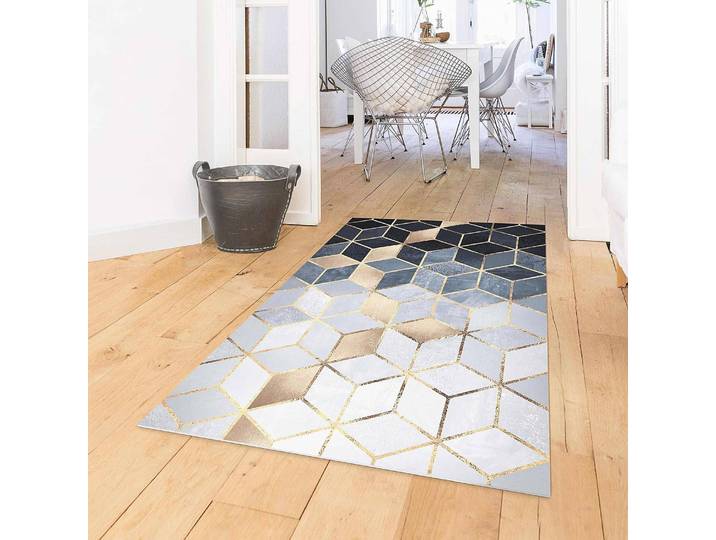 Vinylteppich Blau Weiß Goldene Geometrie 140 x 210cm Gold