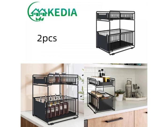 KEDIA. Étagère Placard sous Évier Coulissant sous Évier Cuisine Rangement Et Organisation De Cuisine Noir 37.4*26.5*44cm