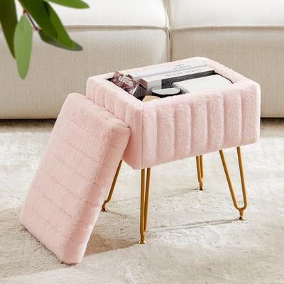 Inspire Select JHK Faux Fur Vanity Storage Stool With Hidden Compartment Plush Makeup Ottoman With Gold Metal Legs pink