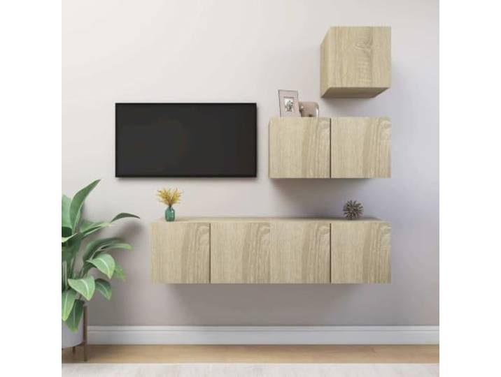 HEFZGDB 4-TLG. TV-Schrank-Set Sonoma-Eiche Holzwerkstoff Wandmontage mit großem Stauraum und Mehreren Fächern für Wohnzimmer Aufbewahrung