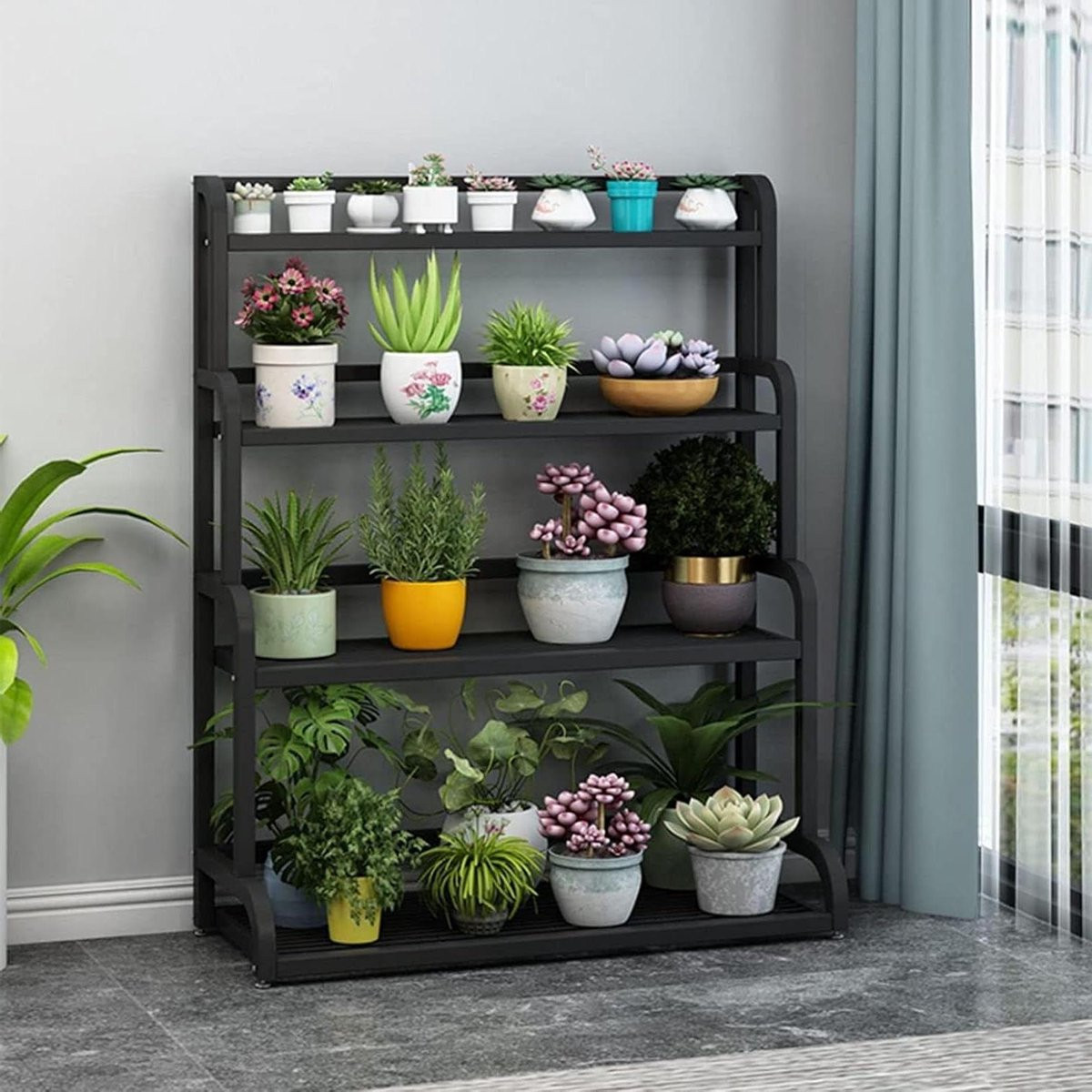 Zwarte 4-laagse metalen plantenstandaard en bloemenhouder voor decoratie