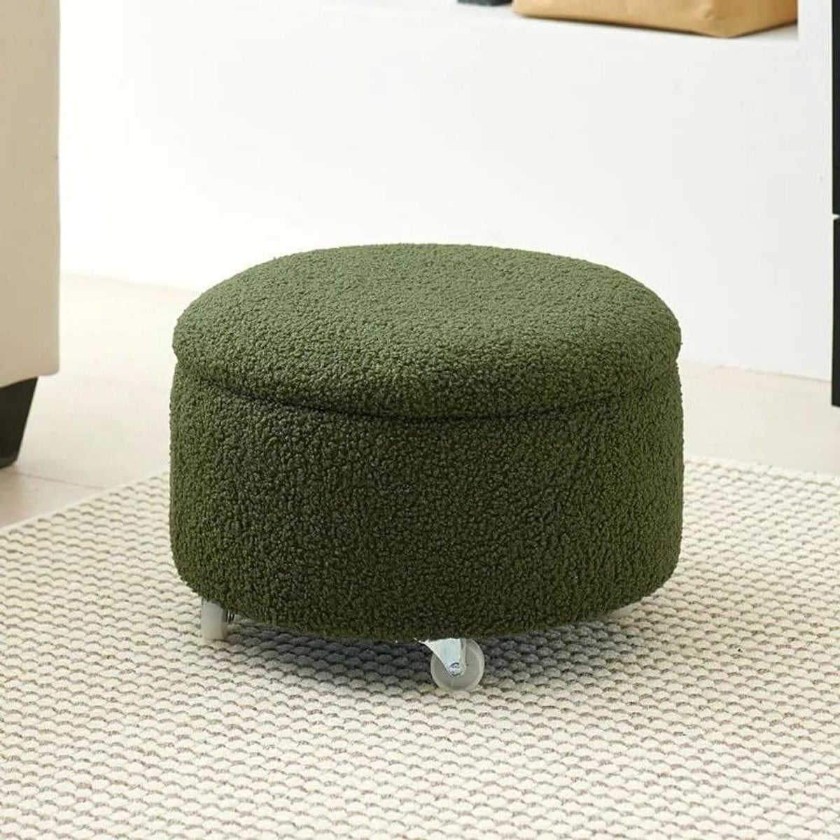 Groene Fluwelen Ronde Poef met Opbergruimte en Wielen