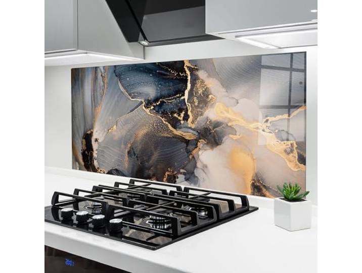 ARTHUB® Küchenrückwand aus Glas 60x150 cm, 4mm ESG Spritzschutz, Glasplatte, Herdspritzschutz, Wandschutz für Herd, Hartglas, Abstrakte, Marmor, Golden Abstract Marble