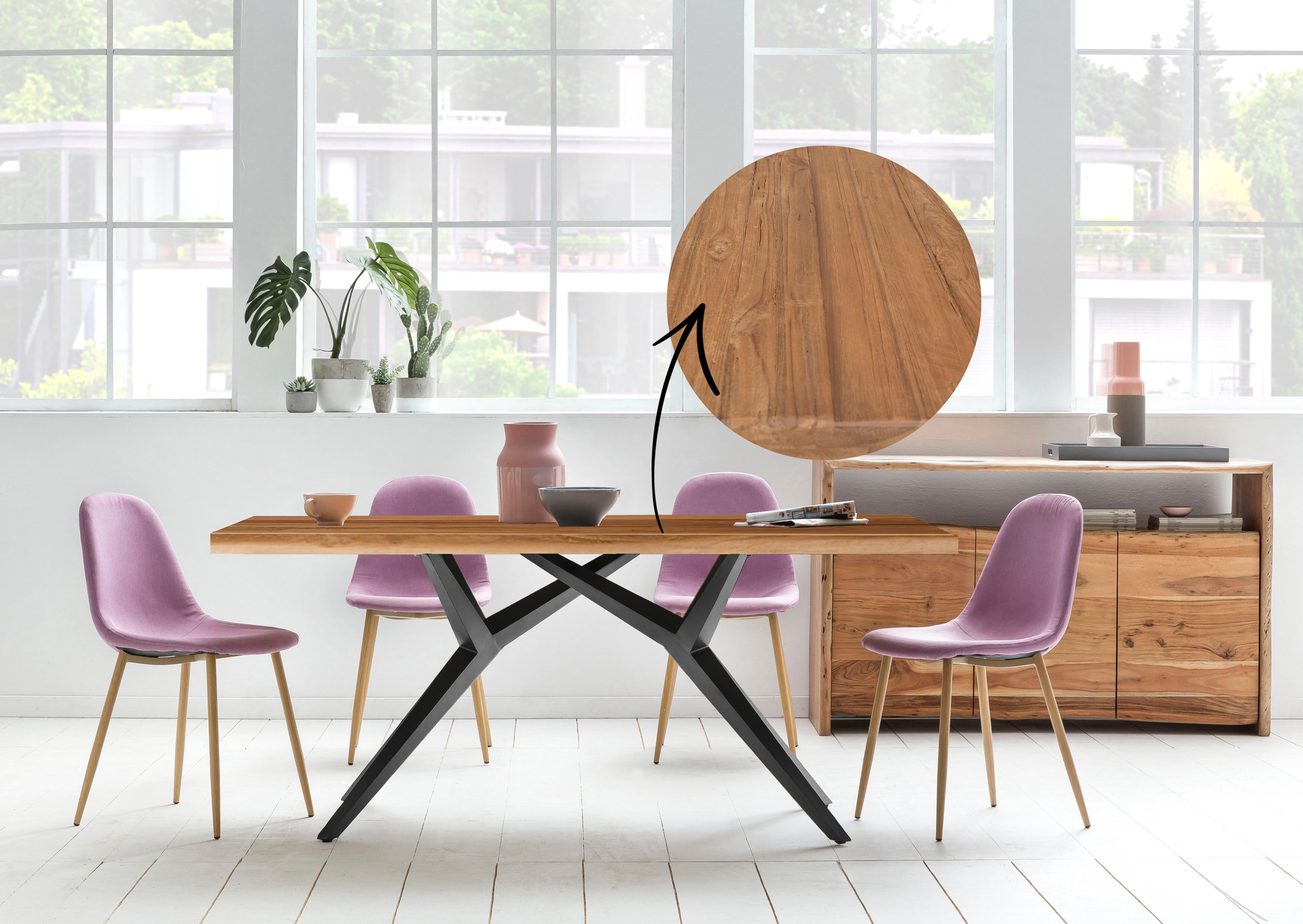 Esstisch SIT "Juneau aus recyceltem Teak mit 50-mm-Platte & Rustik-Look", braun (natur, antikschwarz, antikschwarz, natur), B:180cm H:73cm T:100cm, Platte recyceltes Teak, Gestell Metall, Tische, Esstisch, 50 mm starke Teakplatte mit markanter rustikaler 