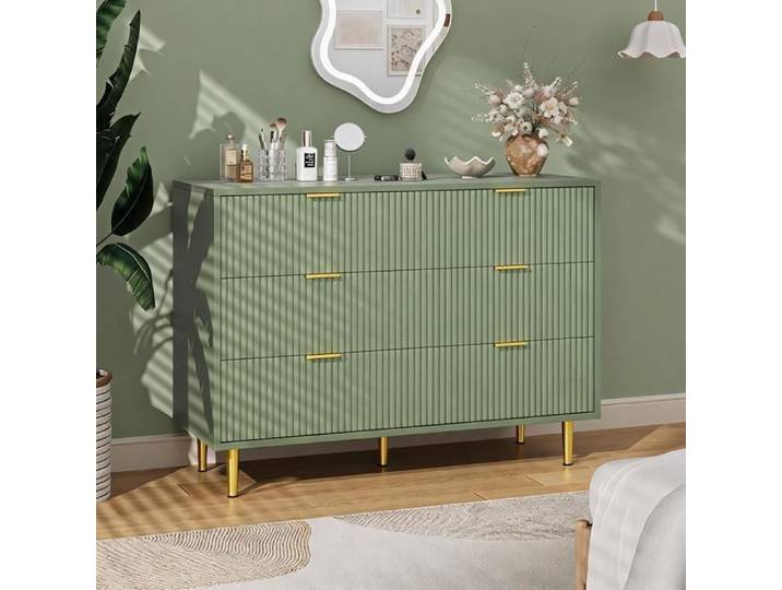 Commode moderne 6 tiroirs - Façade ondulée poignées pieds dorés - Vert avocat - Rangement chambre salon