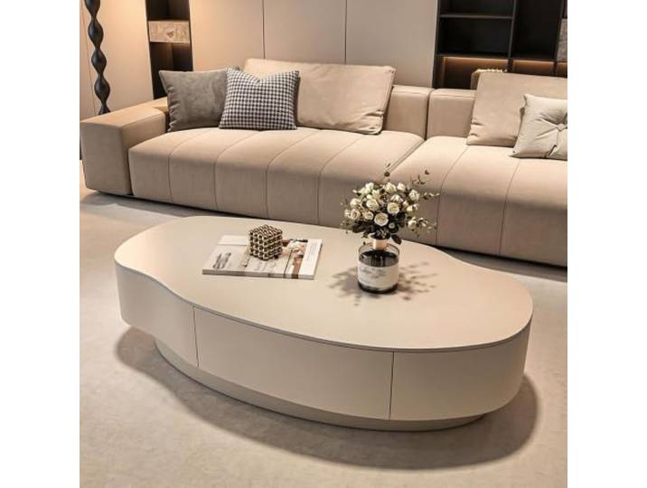 Mango Couchtisch mit Sintersteinplatte, Moderner Minimalistischer Stil Sintersteinplatte, Mango-Form-Design, moderner minimalistischer Stil, Creme-Optik, Couchtisch für kleine Räume, Wohnzimmer