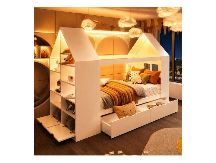 Flieks Kinderbett, Hausbett 90x200cm mit zwei Schubladen, LED-Beleuchtung, Ablageregal