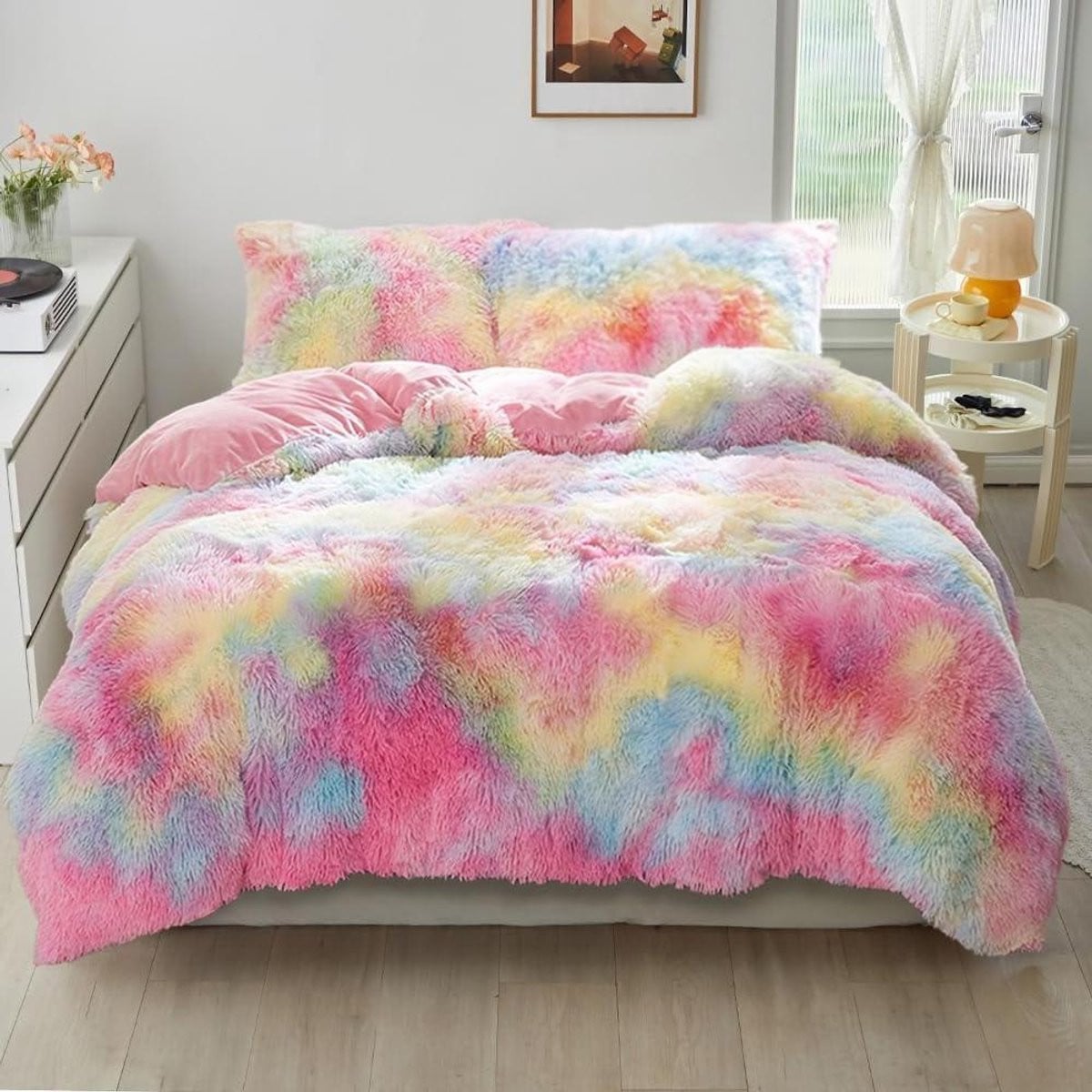 Pluche Dekbedovertrek Set Regenboog met Kussenslopen - 200 x 220 cm