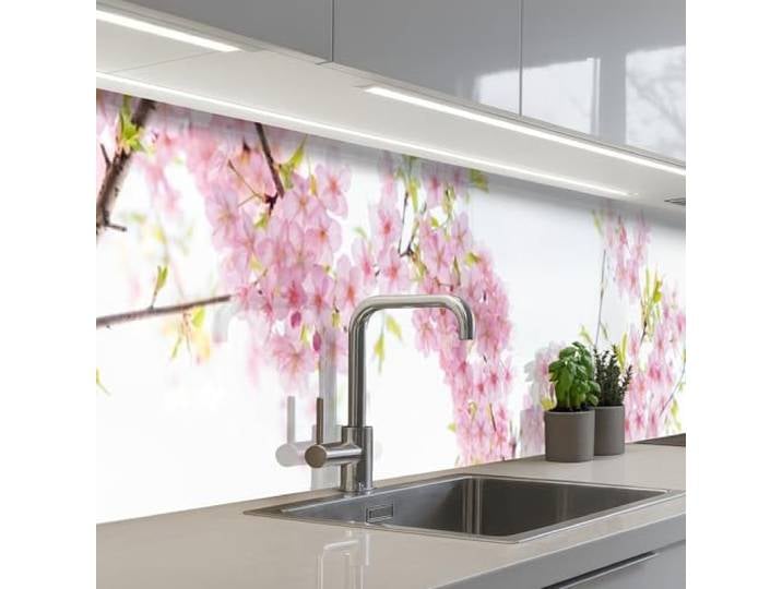 KitchenYeah© Spritzschutz Küche Küchen Rückwand Küchendeko Wand Wandschutz 60x400 cm - Selbstklebend Backsplash Kitchen Peel And Stick Kirschblüte - Rosa - Blumen - Sakura - Natur