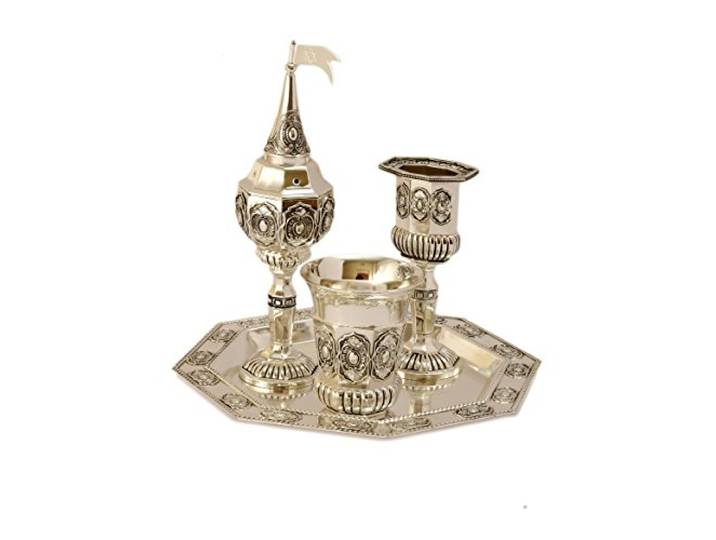4-teiliges Havdallah-Set + Tablett, versilbert, Shabbat-Geschenk, Judaica, Havdalah