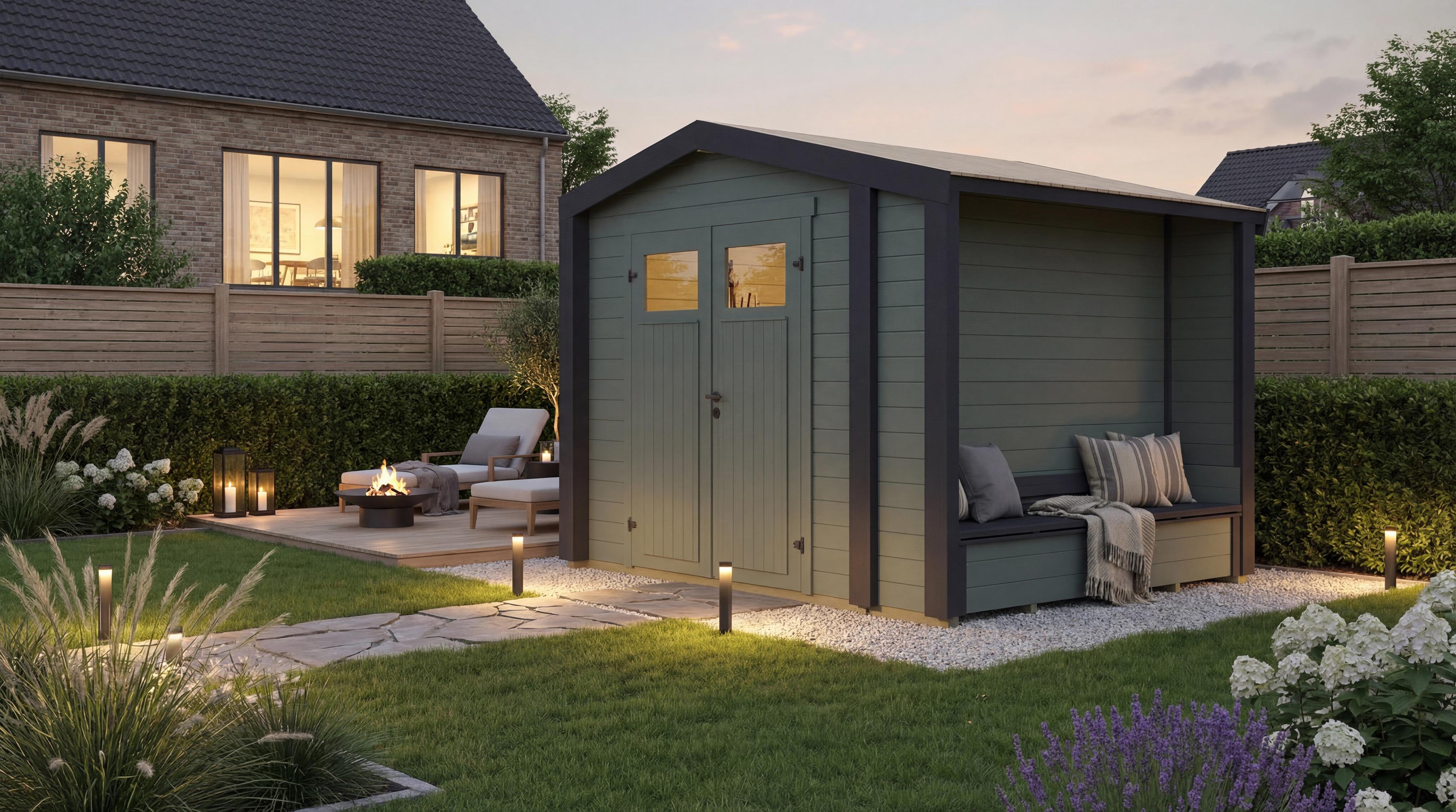 Gartenhaus Killarney, 300x250cm, Grüngrau, 28mm, seitlicher Anbau